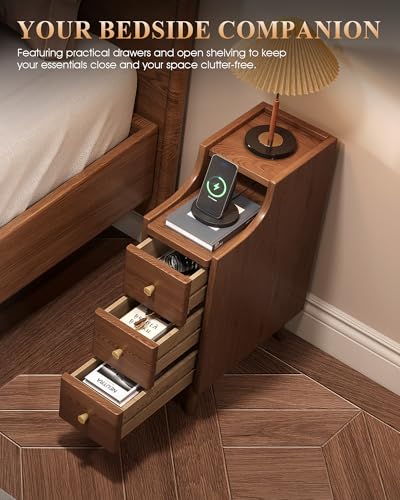 Narrow Nightstand with Drawers, 7.9" Solid Wood Nightstand with Open Shelf & Cable Hole, Modern Night Stand Slim Bedside Table for Small Spaces, Bedroom, Study - color: Walnut, size: 15.7"D x 7.9"W x 23.6"H