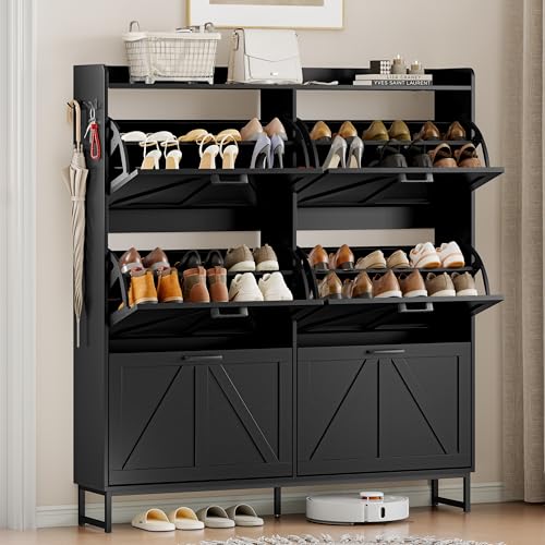 Wodeer Shoe Cabinet Storage for Entryway, Shoe Storage Cabinet with 6 Flip Drawers, Freestanding Narrow Shoe Rack Organizer with Metal Legs, Adjustable Shelves & Open Storage for Foyer, Hallway, Black - color: Black, style: 6 Drawers