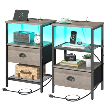 sthmec Nightstands Set of 2, LED Night Stands with Charging Station and Fabric Drawer, Bedside Tables with Drawers, 2- Tier LED Side Table End Table Charging Station Bedroom, Grey - color: Grey, style: Power & LED