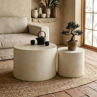 Nesting Coffee Table Set of 2, Modern Round Wooden Coffee Tables, Accent End Side Table for Small Space Living Room,Beige - color: Beige