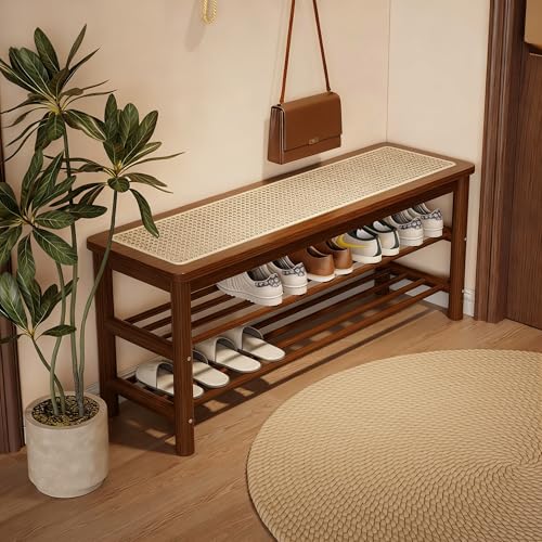 SOBIBO Bamboo Shoe Rack Bench with Rattan Seat, 3-Tier Shoe Storage Bench, Entryway Bench for Hallway,Walnut 39.4 inches - color: Walnut, size: 39.4 inch