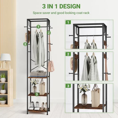 ELYKEN Coat Rack Freestanding, Hall Tree with 3 Storage Shelves and 12 Hooks, Industrial Clothes Rack Stand Organizer for Bedroom, Hallway, Entryway, Office, Living Room, Rustic Brown - color: Rustic Brown