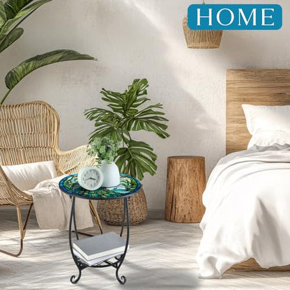 Cinnvoice Outdoor Side Table Round Small Mosaic Patio Accent Indoor End Plant Coffee Tea Table for Yard Patio Porch Garden Living Room, Bedroom(Peacock Style,14 Inch) - size: 14 Inch, style: Peacock Style