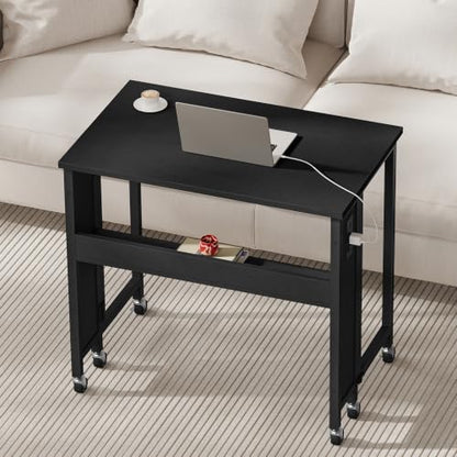 CHOEZON Folding Desk with Power Outlets, 31.5" Rolling Computer Table with Wheels, Portable Office Desk with Storage Shelf for Small Spaces Black TDN01UBB - color: Black