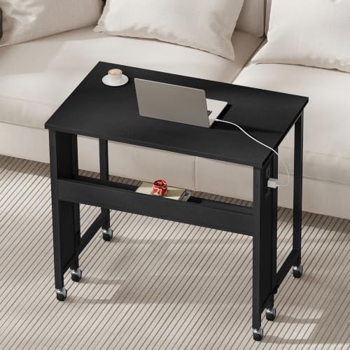 CHOEZON Folding Desk with Power Outlets, 31.5" Rolling Computer Table with Wheels, Portable Office Desk with Storage Shelf for Small Spaces Black TDN01UBB - color: Black