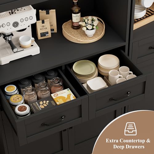 HOSTACK 71“ Tall Kitchen Pantry Storage Cabinet, Modern Kitchen Hutch Bar Cabinet with Microwave Stand, Wood Buffet Sideboard with Hutch, Cupboard with Drawers, Shelves for Dining Room, Black - color: Black