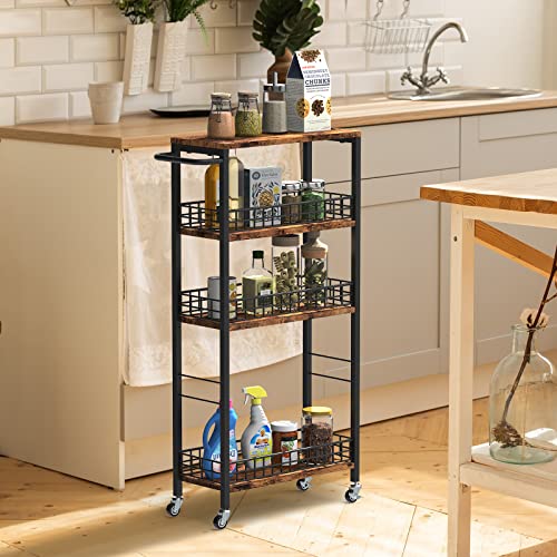 NOVIMANGO Slim Storage Cart Narrow Laundry Cart 4 Tier, Black | Rolling Kitchen Cart with Wheels, Narrow Bathroom Cart, with Handle for Small Spaces, with Wood Tabletop - color: Brown