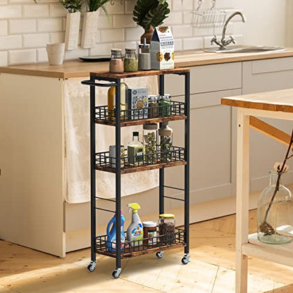 NOVIMANGO Slim Storage Cart Narrow Laundry Cart 4 Tier, Black | Rolling Kitchen Cart with Wheels, Narrow Bathroom Cart, with Handle for Small Spaces, with Wood Tabletop - color: Brown