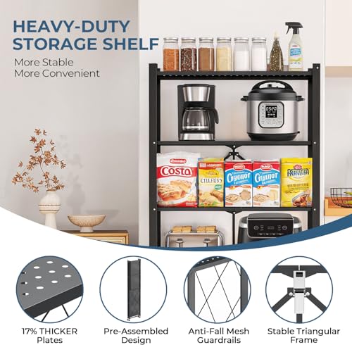 Upgraded 18% Thickened Portable 5-Tier Foldable Storage Shelves with Wheels Heavy Duty Storage Shelf Collapsible Shelves Unit Display for Garage Storage Kitchen Pantry & Closet Organizer, Matte Black