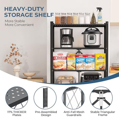 Upgraded 18% Thickened Portable 5-Tier Foldable Storage Shelves with Wheels Heavy Duty Storage Shelf Collapsible Shelves Unit Display for Garage Storage Kitchen Pantry & Closet Organizer, Matte Black