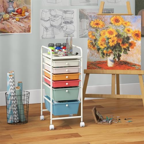 DREAMADE Rolling Cart With Storage Drawers, Utility Cart With Removable Plastic Drawers, Lockable Wheels for Classroom Organization, Art Supplies, Office, Scrapbook (6 Drawers, Macaron) - color: Macaron, style: 6 Drawers