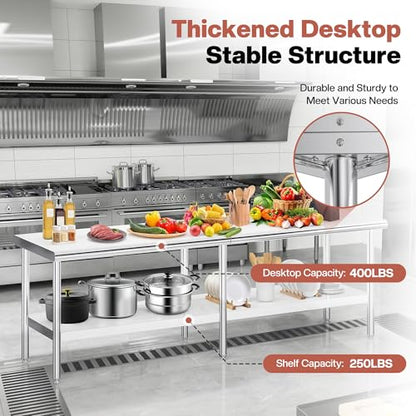 Jocisland 30" x 108" Stainless Steel Table for Prep & Work, Food-Grade Stainless Steel Adjustable Under Shelf and Feet, for Commercial Kitchen, Restaurant, Hotel, Garage - size: 30x108 in, style: Rounded Table Corner