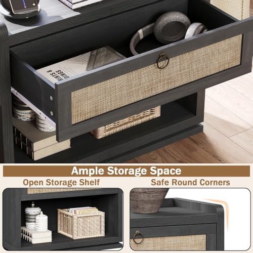 31" Wide Rattan Nightstand with Charging Station, End Side Table | Drawer & Open Shelf, Extra Large Night Stand, Farmhouse, Boho, Wood Bedside Table for Bedroom,Living Room,Office - color: Obsidian