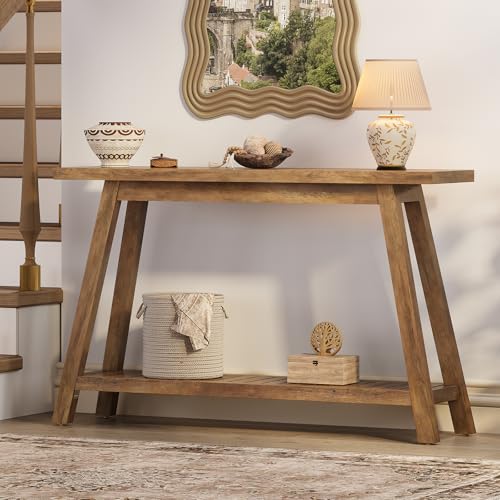 47.2" Farmhouse Entryway Table, 2-Tier Modern Wooden Console Sofa Table with Open Storage, Long Narrow Accent Table for Entrance, Foyer, Hallway, Living Room & Behind Couch (Brown)