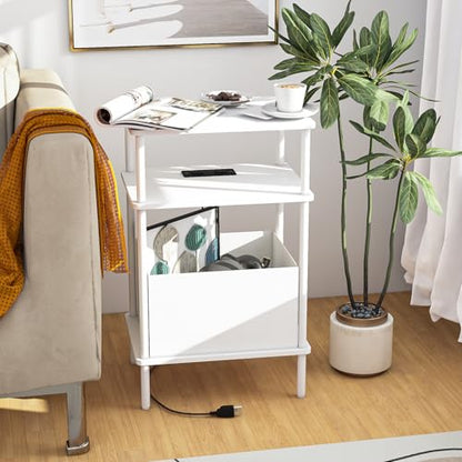 Small Side Table with Charging Station, Set of 2 End Table for Small Spaces, Slim Nightstand with Outlet,Sofa Beside Table, 3-Tier Storage Shelf,Living Room, Bed Room, Natrual White - color: Natrual White
