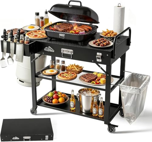 Grill Cart for Blackstone Griddle, Foldable Outdoor Grill Table with Wheels for Ninja, Pizza Oven Stand Grill Stand Fit 17 or 22 Inch Tabletop Griddle, Portable BBQ Prep Station with Tool Hooks