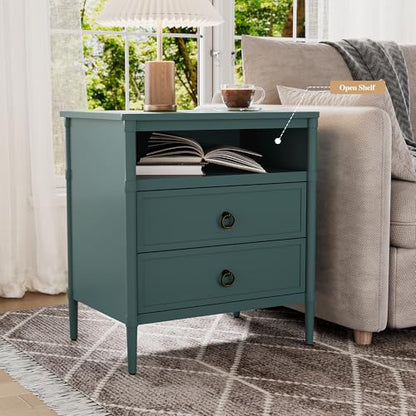 Nightstand, Mid Century Modern Night Stand with 2 Drawers and Open Shelf, Beside Table with Distressed Ring Handle for Bedroom,End Table (1, Green) - color: Green