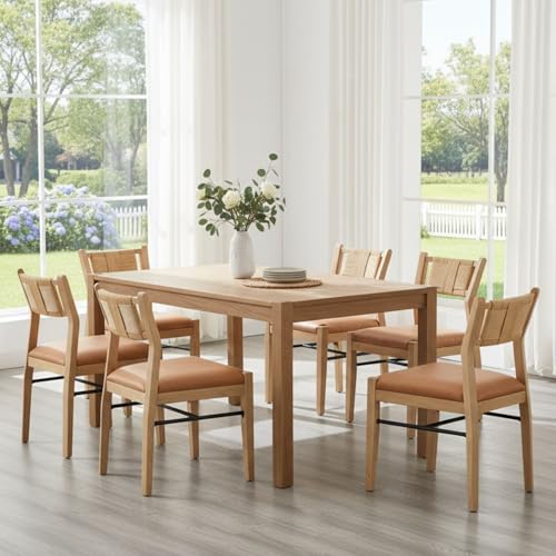 BESTANO Modern Armless Dining Chairs with Rope Woven Back Set of 6, Brown PU Leather Upholstered Kitchen & Dining Room Chairs, Mid-Century Classic Farmhouse Wooden Side Chair - color: Brown, size: 6 Chairs