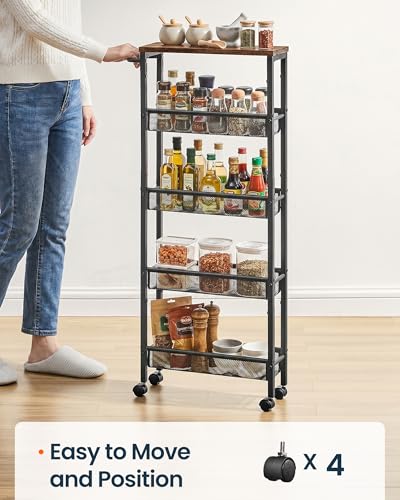 SONGMICS HOME Slim Rolling Cart, 5-Tier Storage Cart with Wheels and Handle, Narrow Utility Cart for Kitchen, Living Room, Brown and Black - style: 5 Tiers