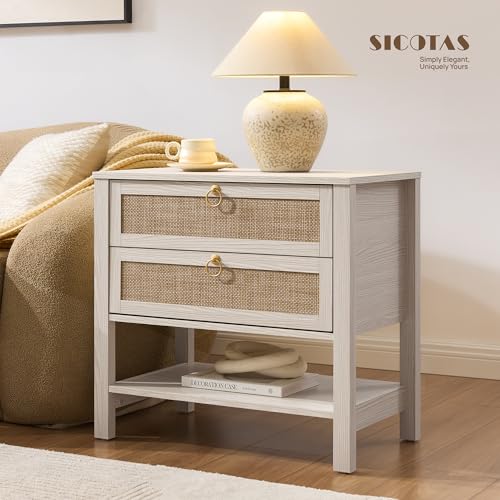 SICOTAS White Rattan Nightstand, Wide Bedside Table with 2 Drawers & Shelf | Large Night Stand with Storage Shelf, Coastal Boho Bedside Table for King Bed, Bedroom, Guest Room, Apartment, and End Table - color: White Cream Oak
