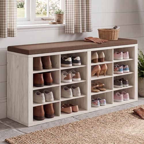 ITEFDTUTNE Shoe Rack Bench 40.94" Entryway Bench with Shoe Storage 16 Cubby Wood Shoe Organizer Bench with Removable Cushion for Hallway, Living Room, Bedroom and Garage - color: White+brown