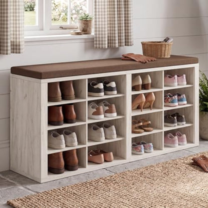 ITEFDTUTNE Shoe Rack Bench 40.94" Entryway Bench with Shoe Storage 16 Cubby Wood Shoe Organizer Bench with Removable Cushion for Hallway, Living Room, Bedroom and Garage - color: White+brown