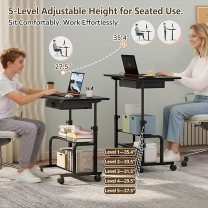 Adjustable Height Small Computer Desk with Drawers, Portable Rolling Desk for Seated Use, 32" Laptop Desk for Home Office Bedroom Living Room, Black