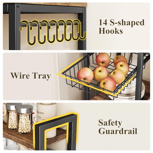 SNTD 6-Tier Bakers Rack with Power Outlets, 36 x 14.6 x 72 in, Rustic Brown | Large Capacity for Small Appliances, Stable Metal Frame with Wood Shelves, Pull-Out Basket, 14 Hooks - color: Rustic Brown