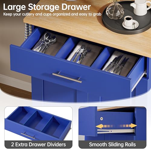Mobile Kitchen Island on Wheels, Large Drawer, Blue | On Wheels, Large Drawer, Adjustable Shelf, Towel Rack, Rolling Island Table,for Kitchen & Dining Room - size: Small Kitchen Island, style: Modern Blue