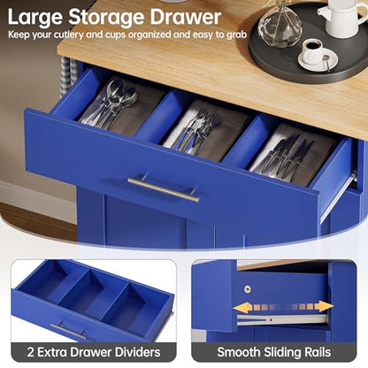 Mobile Kitchen Island on Wheels, Large Drawer, Blue | On Wheels, Large Drawer, Adjustable Shelf, Towel Rack, Rolling Island Table,for Kitchen & Dining Room - size: Small Kitchen Island, style: Modern Blue