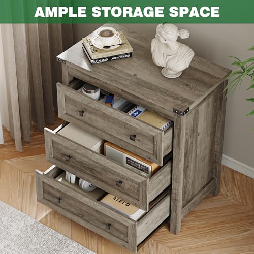 Xixini Farmhouse Nightstand with 3 Storage Drawers, 27.55" Wide Wood Bedside Table, Modern Side Table with Metal Handle, End Table for Bedroom, Grey - color: Grey