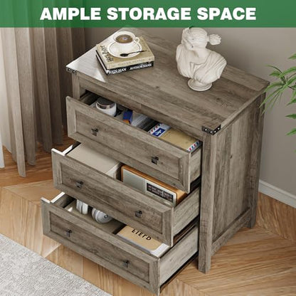 Xixini Farmhouse Nightstand with 3 Storage Drawers, 27.55" Wide Wood Bedside Table, Modern Side Table with Metal Handle, End Table for Bedroom, Grey - color: Grey