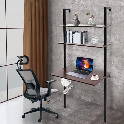 2-Shelf Industrial Wall Mount Ladder，Wall Mount Computer or Writing Desk, Computer Laptop Desk with Shelves，Floating Desk with Storage, Wall Table for Home Office, Black (20" Dx30 Wx72.5 H) - color: Black/ Brown (30"w)