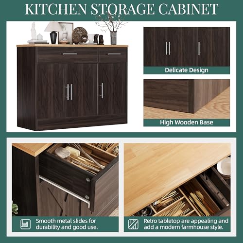 Shintenchi Modern Farmhouse Sideboard Buffet Cabinet,Barn Doors Buffet Cabinet with 2 Drawers & 3 Doors,Wood Coffee Bar Cabinet with Adjustable Shelf for Kitchen Living Room,Brown - color: Brown