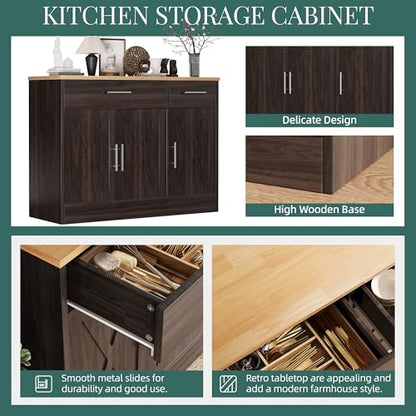 Shintenchi Modern Farmhouse Sideboard Buffet Cabinet,Barn Doors Buffet Cabinet with 2 Drawers & 3 Doors,Wood Coffee Bar Cabinet with Adjustable Shelf for Kitchen Living Room,Brown - color: Brown