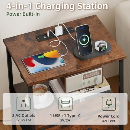 Somdot Nightstand Set of 2 with Charging Station & LED Light, Bedside Table | Dorm, Guest Room, Kids Room, Laundry, Closet, Entryway and Hallway, Brown - color: Brown, size: 11.8"D x 15.7"W x 23.4"H (1 Drawers)