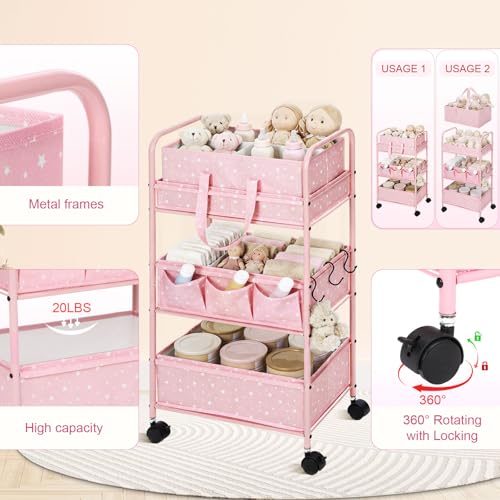 Yookeer 2in1 Baby Diaper Caddy Organizer Cart 3 Tier Large Capacity Metal Utility Bedside Rolling Cart with Divider Newborn Registry Gift Nursery Essential Must Have Bedroom Baby Shower(Pink,Star) - color: Pink, style: Star