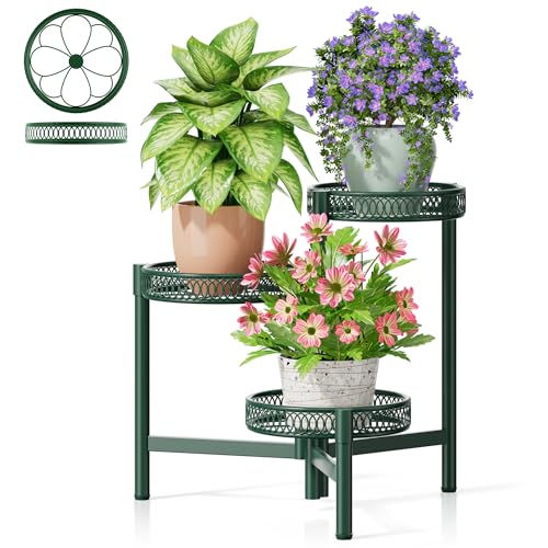 Plant Stand Indoor Outdoor, 3 Tier Corner Metal Flower Display Holder Shelf, Folding Tall Plant Rack for House Patio Balcony Porch Garden Living Room, Heavy Duty Anti-Rust Wrought Iron - GreenFlower - color: GreenFlower, size: 3-tiers