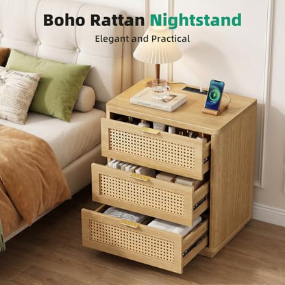 Kalrin Rattan Nightstand with Charging Station, 3 Drawers, Light Oak | 3 Drawers End Table with Storage, Wood Bedside Tables, Boho Larger Night Stand for Bedroom Office - color: Light Oak