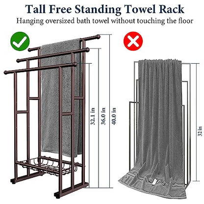 Kayfia 40'' Freestanding 3 Tier Alloy Steel Towel Rack with Storage Basket | Dual-Use Drying & Display Rack, Holds Oversized Bath Towels & Blankets, Fits Bathroom, Tub, Shower, Poolside, Bronze - color: Bronze