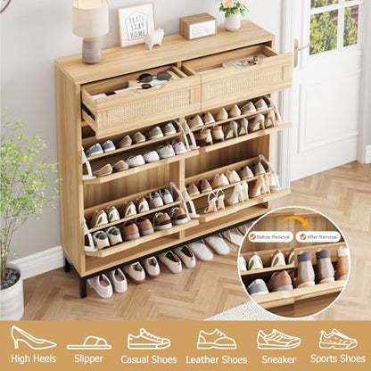 Jocoevol Rattan Shoe Cabinet for Entryway, Boho Shoe Storage Cabinet with 4 Flip Drawers and 2 Drawers, Narrow Freestanding Shoe Rack with Metal Legs for Entryway/Hallway/Foyer (Natural) - color: Natural
