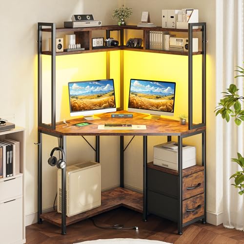 DurayLoly 63"Triangular Corner Desk with Hutch,Ample Storage for Small Room | Spacious 36" W Desktop,2 Fabric Drawers and Bottom Wooden Shelves,Versatile Computer Desk that Meets All Your Needs,Brown - color: Rustic Brown