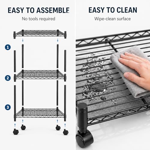 Simple Deluxe 3-Tier Heavy Duty Adjustable Storage Shelf with Wheels, 23.23”W x 13.39”D x 30.31”H, Mobile or Stationary Metal Shelving Unit, Easy Assembly for Kitchen, Pantry, Laundry Room, Black - size: 3-Tier, 23.23”W x 13.39”D x 30.31”H, style: 1 Pack
