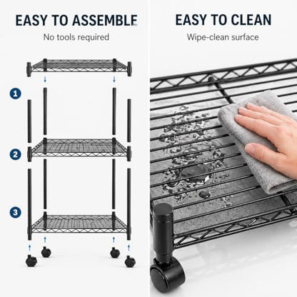 Simple Deluxe 3-Tier Heavy Duty Adjustable Storage Shelf with Wheels, 23.23”W x 13.39”D x 30.31”H, Mobile or Stationary Metal Shelving Unit, Easy Assembly for Kitchen, Pantry, Laundry Room, Black - size: 3-Tier, 23.23”W x 13.39”D x 30.31”H, style: 1 Pack