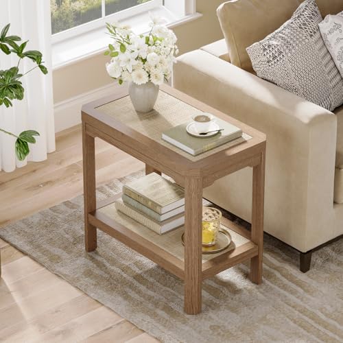 Eclatara Rattan Night Stand Set of 2 - Farmhouse 2 Tier End Table for Bedroomoom - Accent Side Table wtih Open Storage Shelves for Small Space Narrow Coffee Table Bamboo, Natural Oak - color: Natural Oak, Geometric Edges