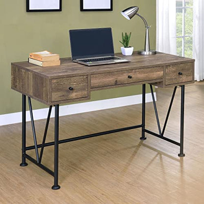 Coaster Furniture Analiese Farmhouse 3 Drawer Home Office Writing Desk Black Metal Base Rustic Oak Brown 802541 - color: Brown