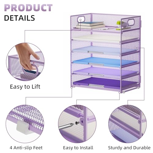 Marbrasse 2 Pack Desk Organizer with Handle, 6 Tier Paper Letter Tray, Mesh Desk File Organizer for Office, School and Home - Purple - color: 2 Pack - Purple