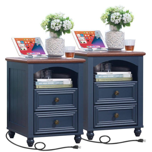 RWYHG 18" Night Stand Set 2 with Charger Station, Nightstand with 2 Drawers | Farmhouse Modern Bedside Table, Open Storage Shelf, Solid Wood Legs, Blue Bed Side End Tables for Bedroom Living Room - color: Navy Blue, size: 18"D x 18"W x 24"H (2 Drawers)