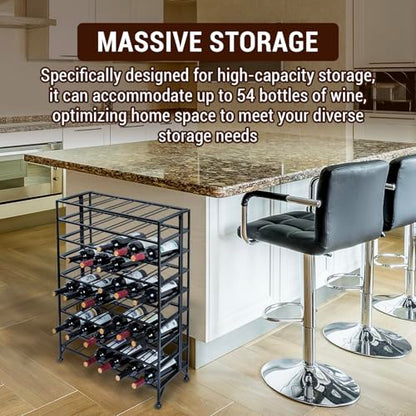 Wine Rack Freestanding Floor,Gray Metal Wine Rack, 9 Tier Wine Stand,Wine Storage Holds up to 54 Bottles,No Assembly Required - color: Black