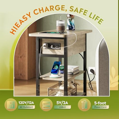 WLIVE 3-Tier End Table with Charging Station, Flip Top Narrow Side Table with Storage Shelf, Small Nightstand with USB Ports and Outlets,Bedside Table for Living Room, Bedroom - color: Greige